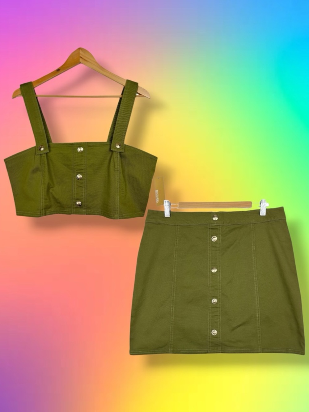 Michael Kors Preppy Stretch Denim Crop Top And Mini Skirt Set Smoky Olive Gold L